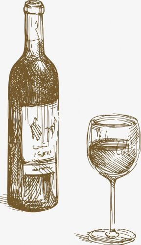 На винтажной чёрно-белой картинке изображена бутылка вина с бокалом