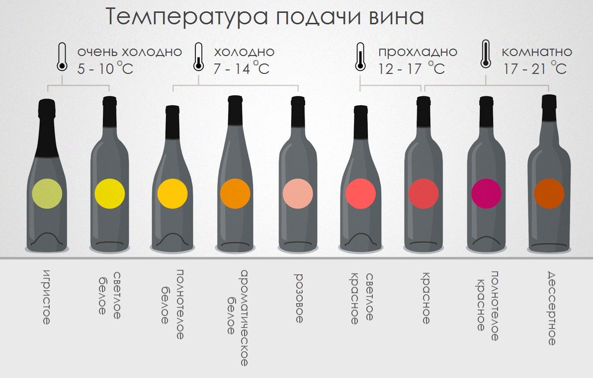 На картинке указано, при какой температуре подавать вино