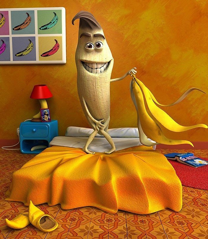 Картинка: мультяшный раздетый банан, ложащийся спать в кровать